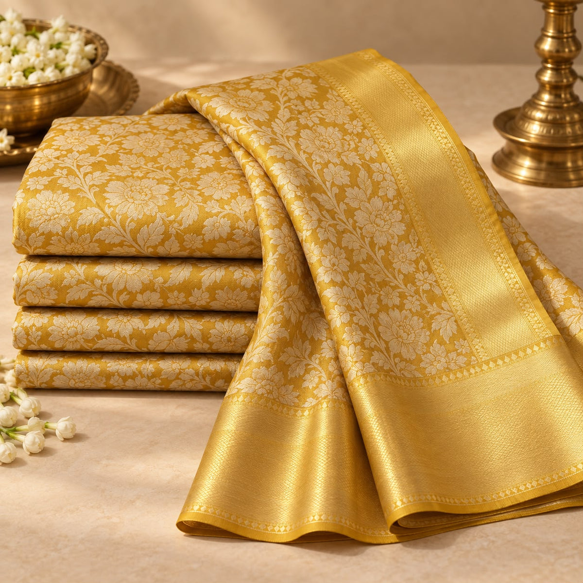 Golden yellow Kanjeevaram silk saree folded – zari woven border and motif detail