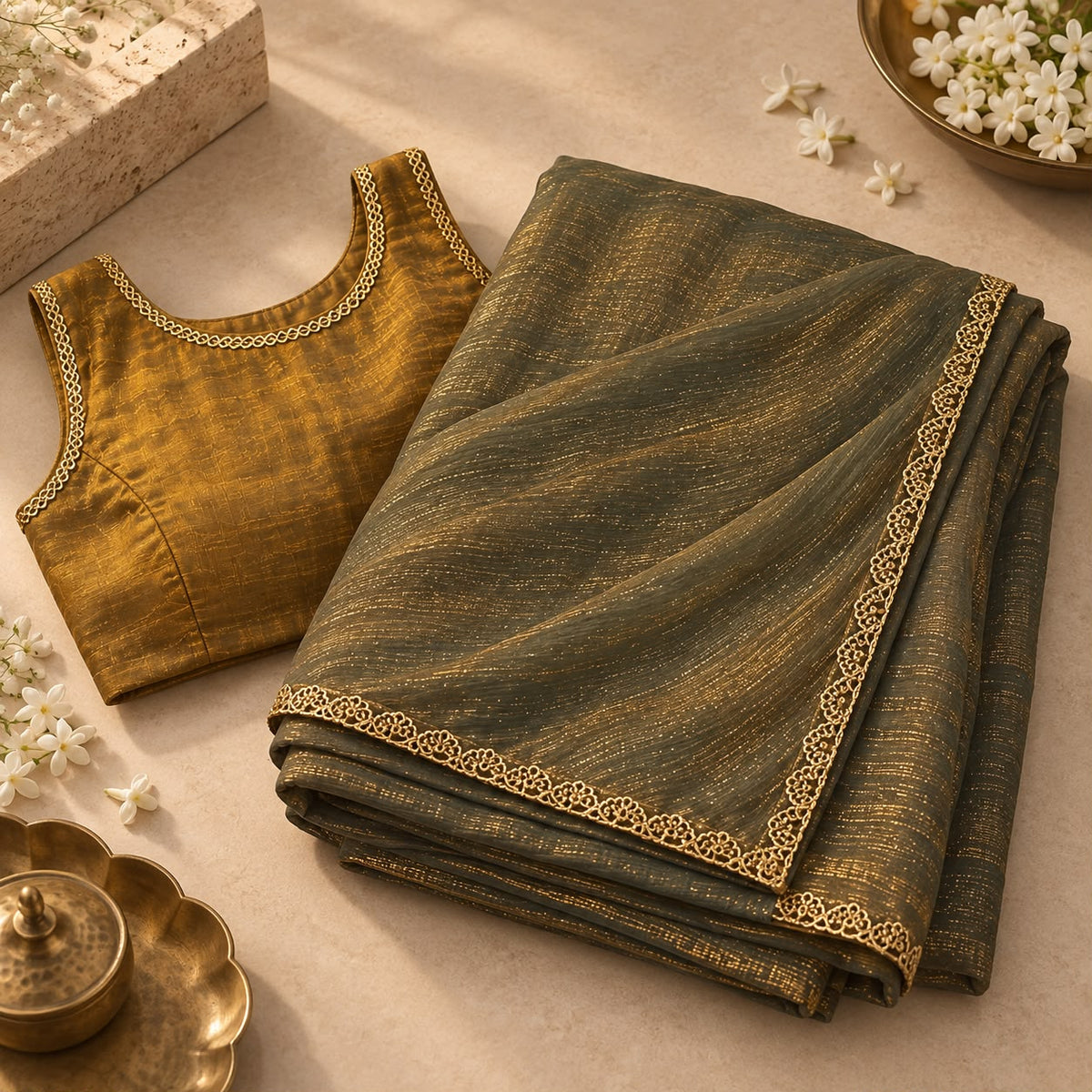Olive green Twill Net Saree