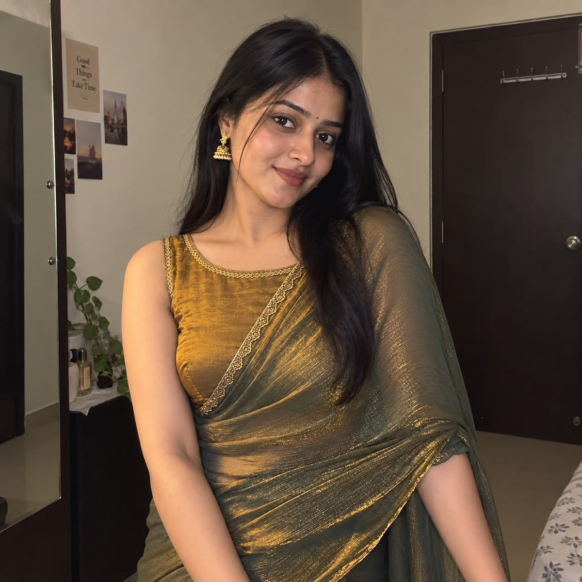 Olive green Twill Net Saree