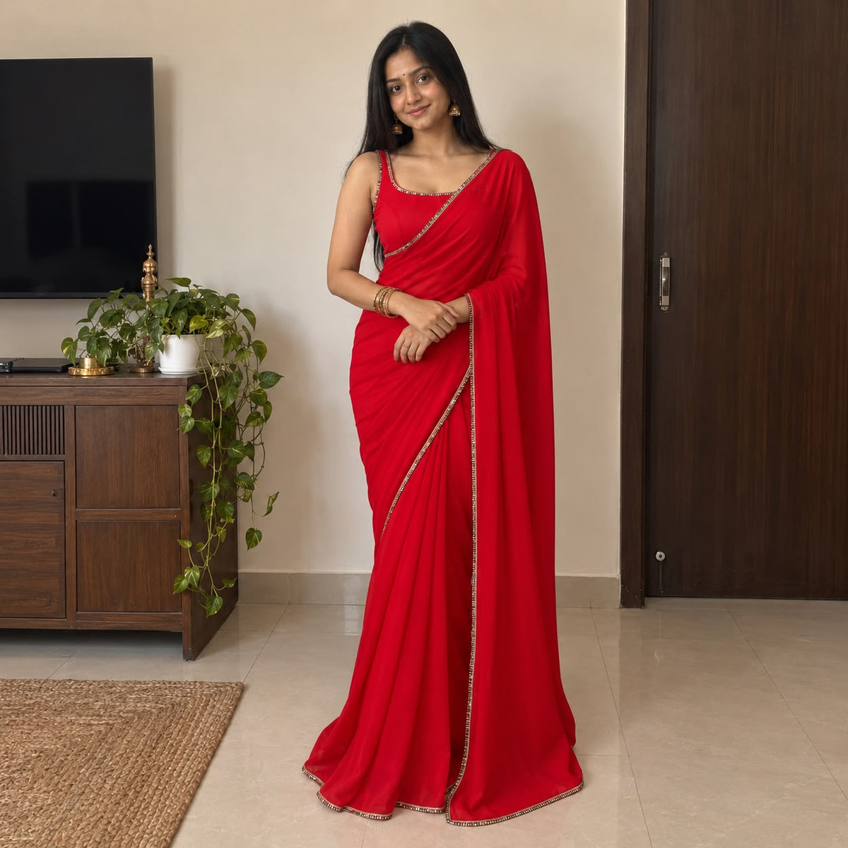 Red Georgette Saree with Mirror Work Lace Border