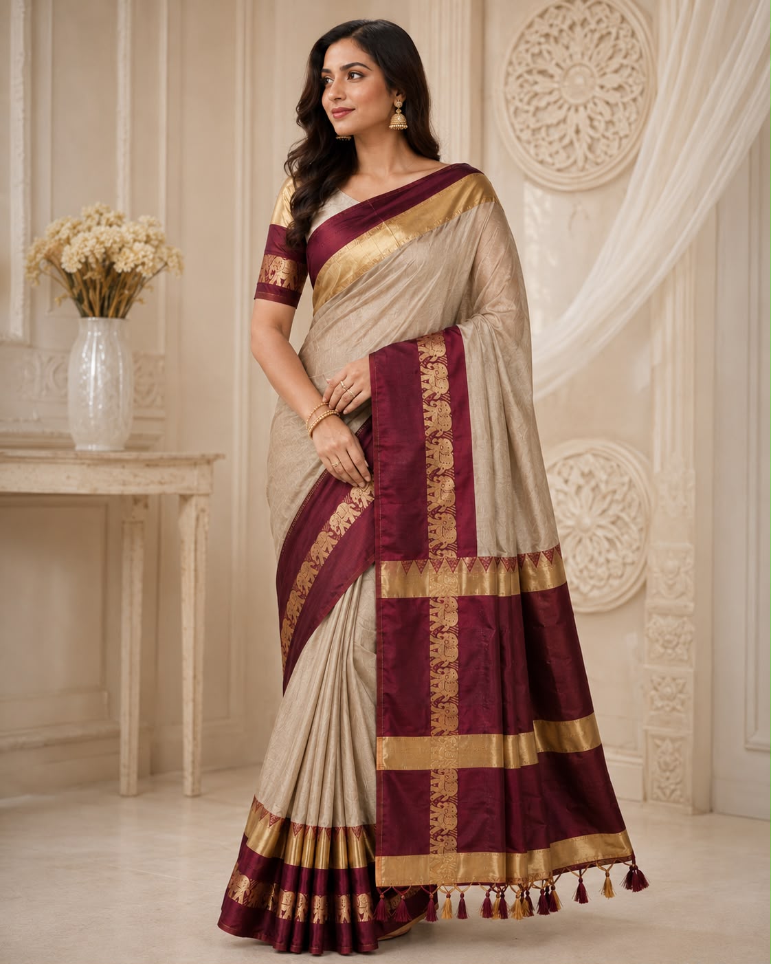 Beige Rajawadi Cotton Silk Saree