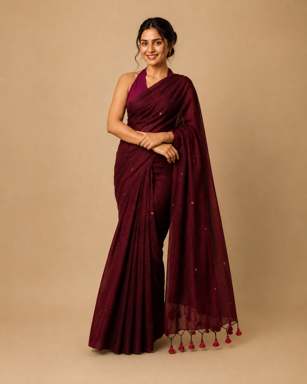 Maroon Khadi Cotton Saree with Subtle Embellished Detail