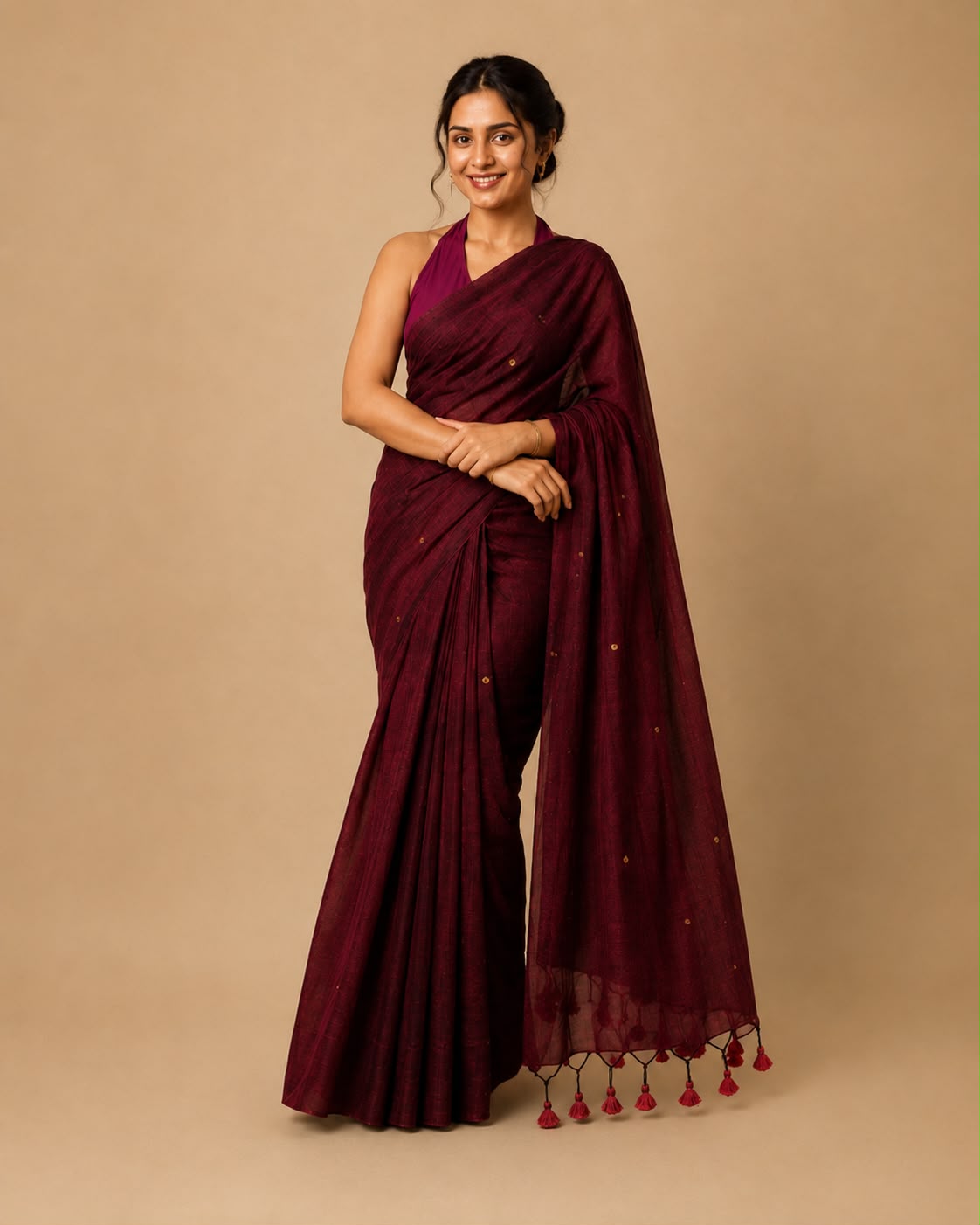 Maroon Khadi Cotton Saree with Subtle Embellished Detail