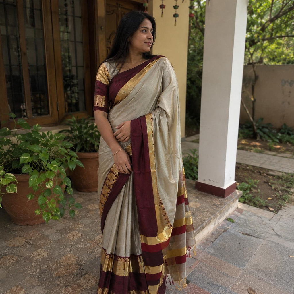Beige Rajawadi Cotton Silk Saree