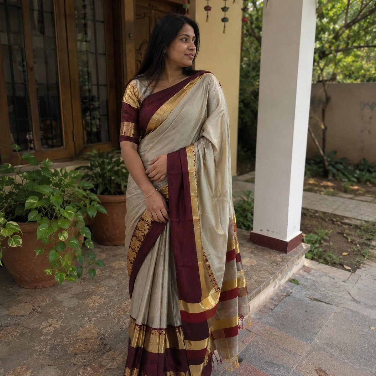 Beige Rajawadi Cotton Silk Saree