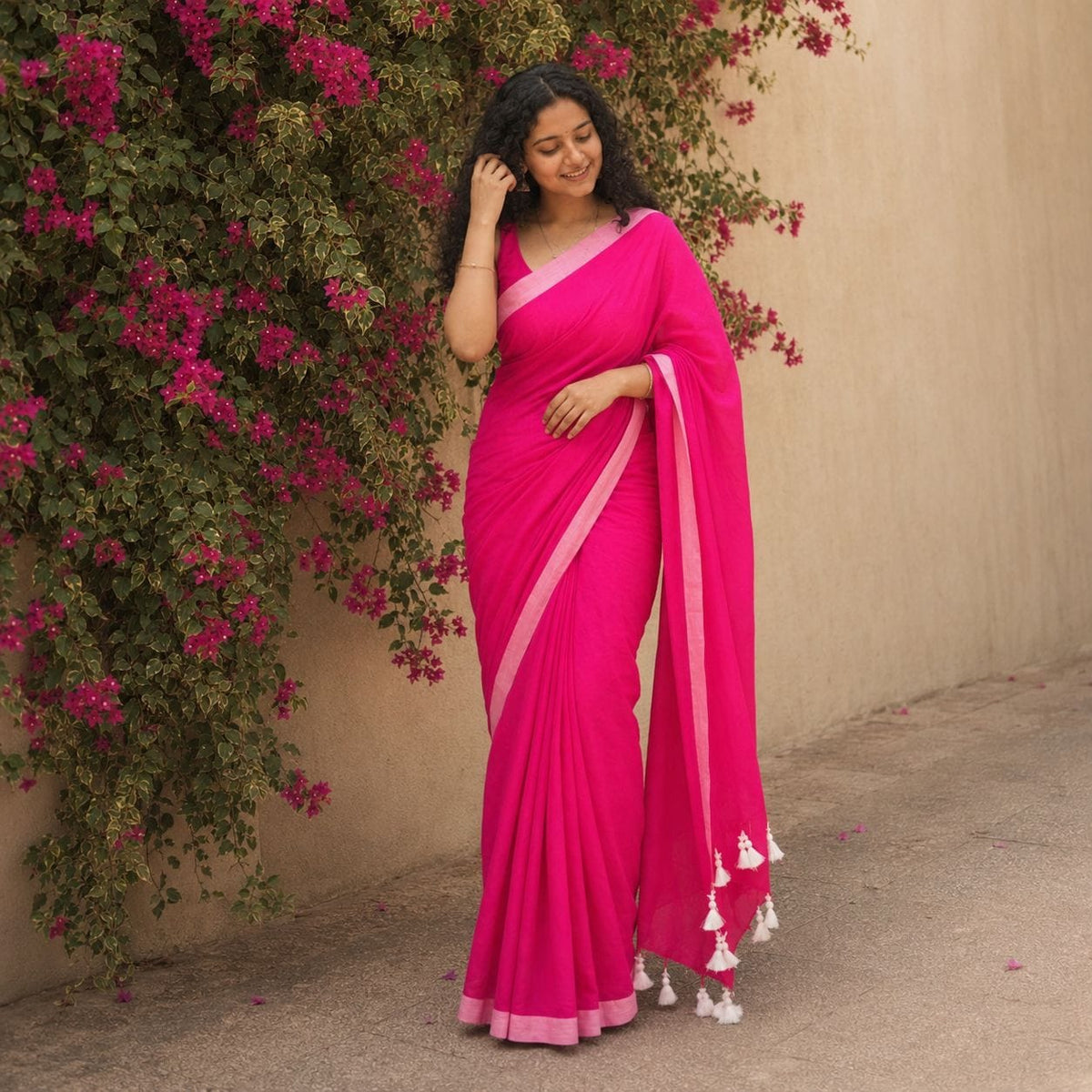 Deep Pink Bengal Cotton Saree with Contrast Border