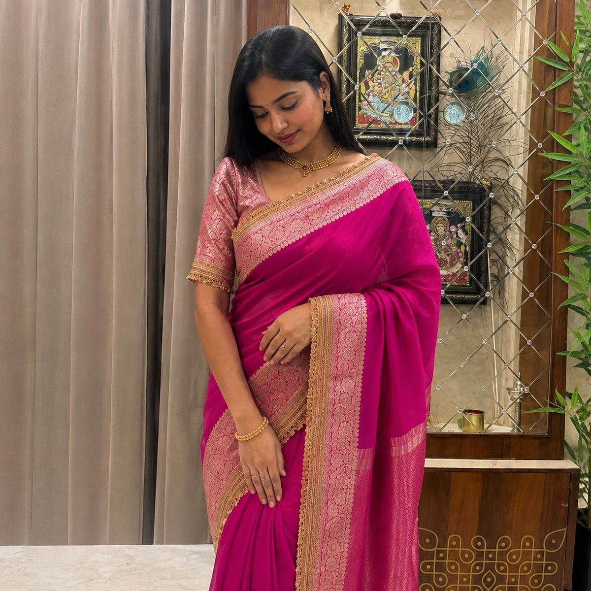 Pink Tissue Saree with Lace Border & Pink Blouse