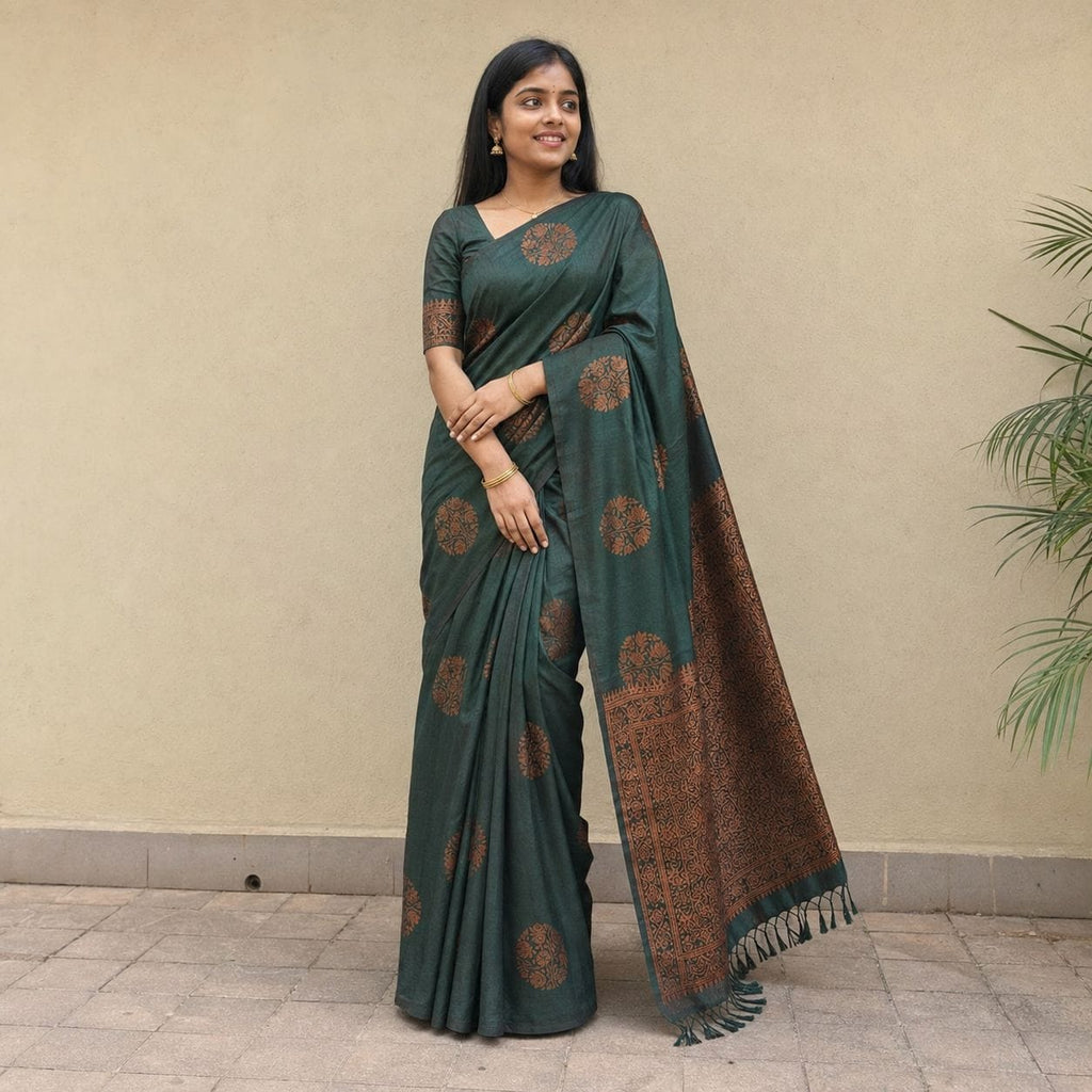 Two-Tone Green Banarasi Silk Saree with Floral Zari Weave