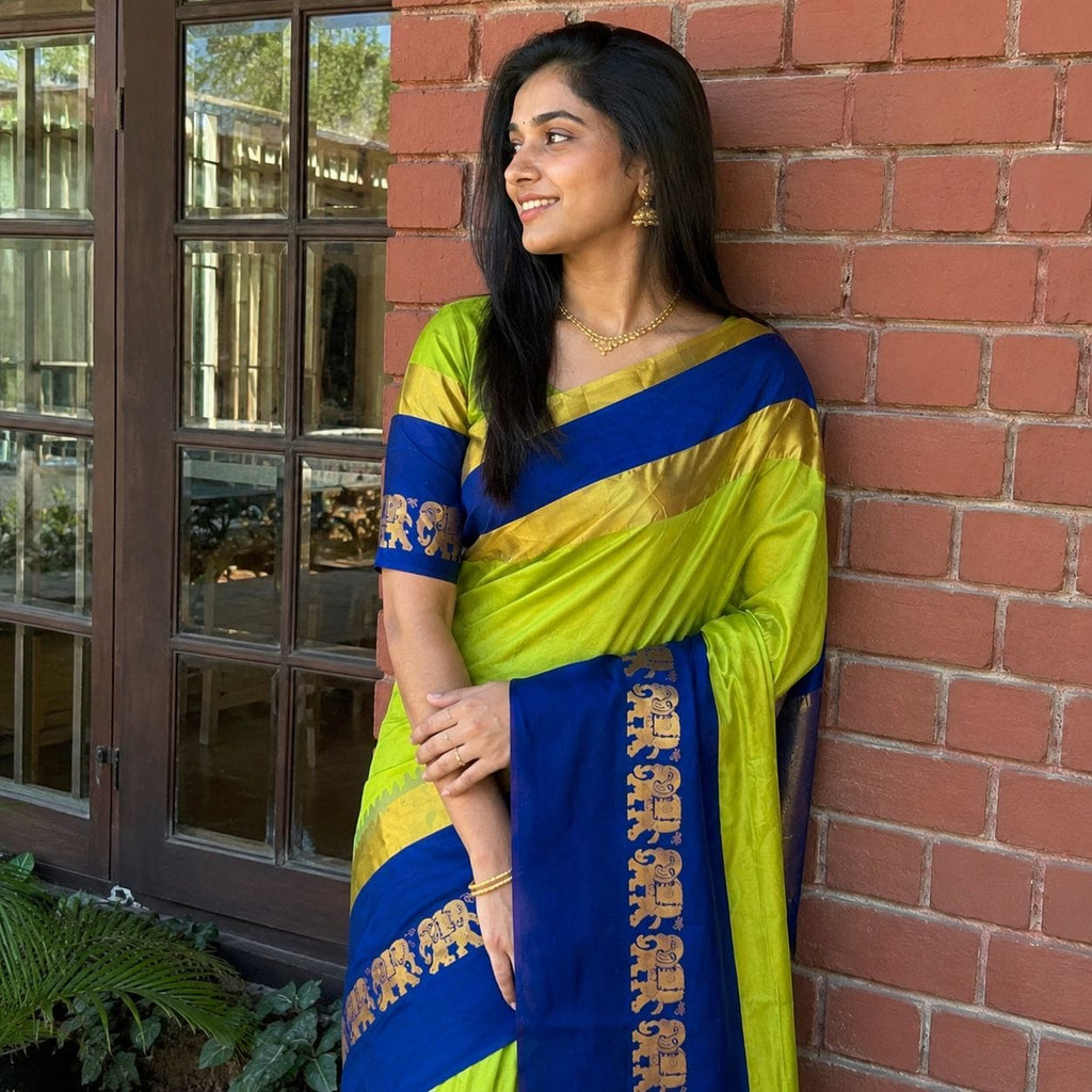 Lime Green & Navy Blue Cotton Silk Saree with Elephant Motif