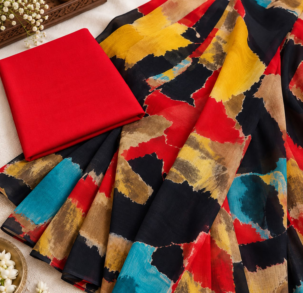 Multicolor Abstract Printed Georgette Saree with Blouse