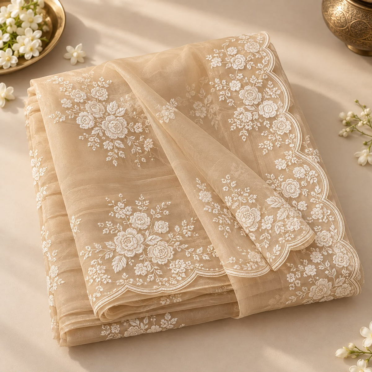 Beige Soft Silk Saree with Floral Sequin Embellishment