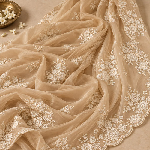 Beige Soft Silk Saree with Floral Sequin Embellishment
