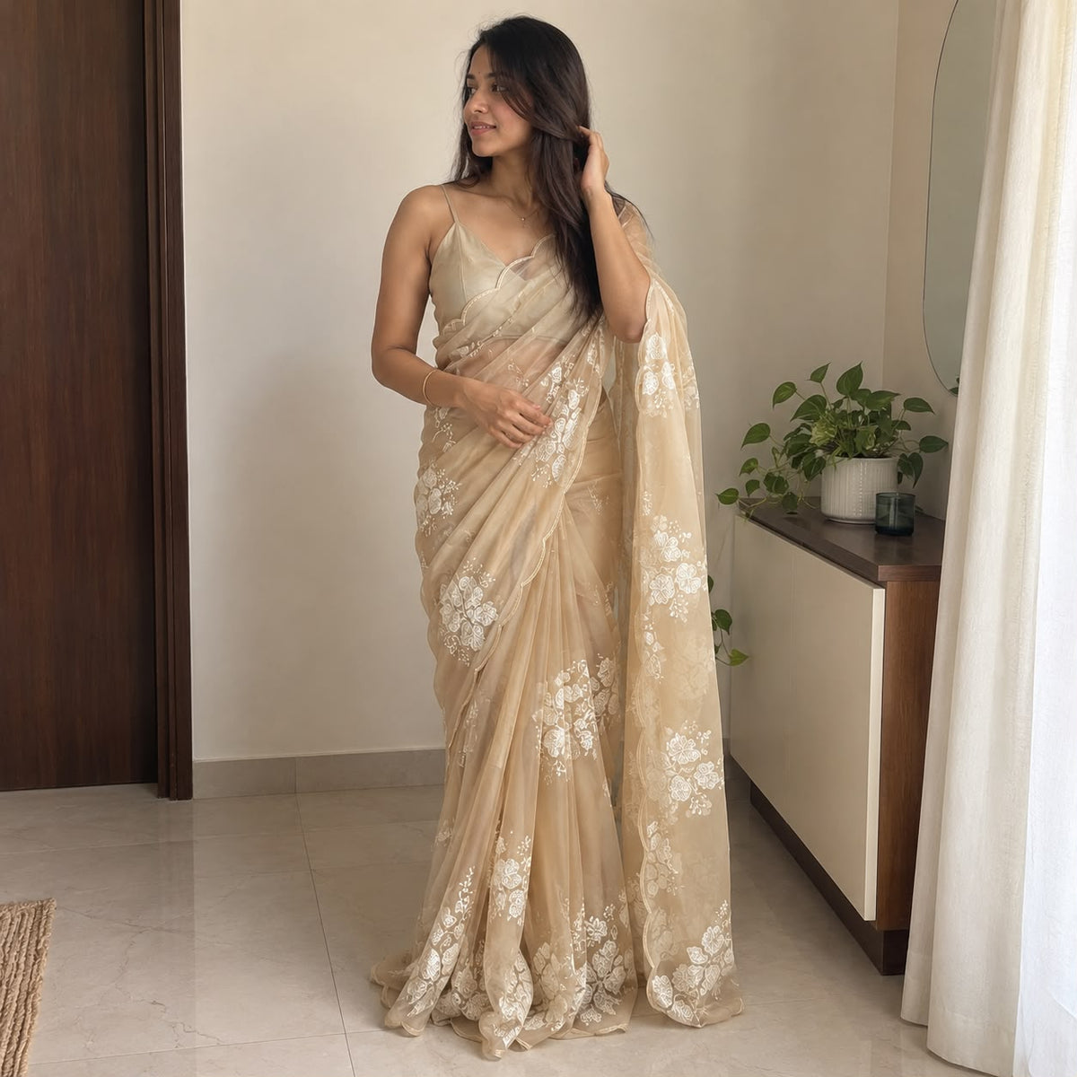 Beige Soft Silk Saree with Floral Sequin Embellishment