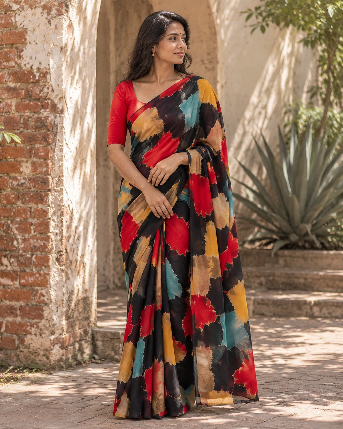Black georgette saree with abstract red, gold and teal brushstroke print, plain edges, worn with a bright red blouse