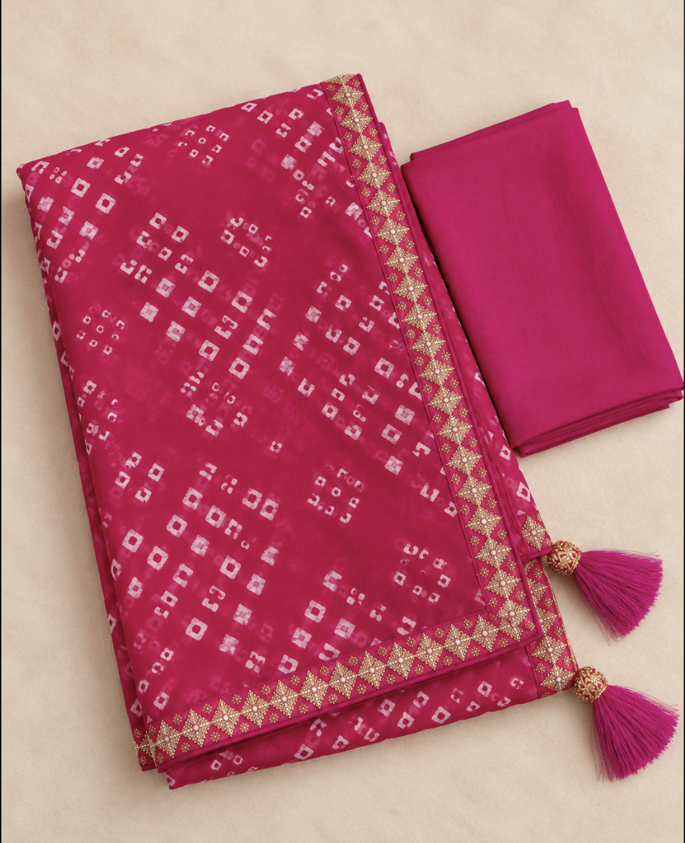 Rani pink bandhani georgette saree folded flat with the plain magenta blouse piece beside it