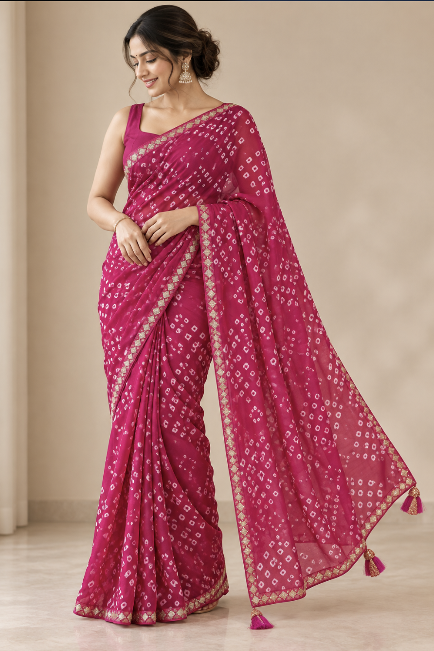 Model draped in a rani pink bandhani print georgette saree with a narrow gold lace border and magenta tassel pallu