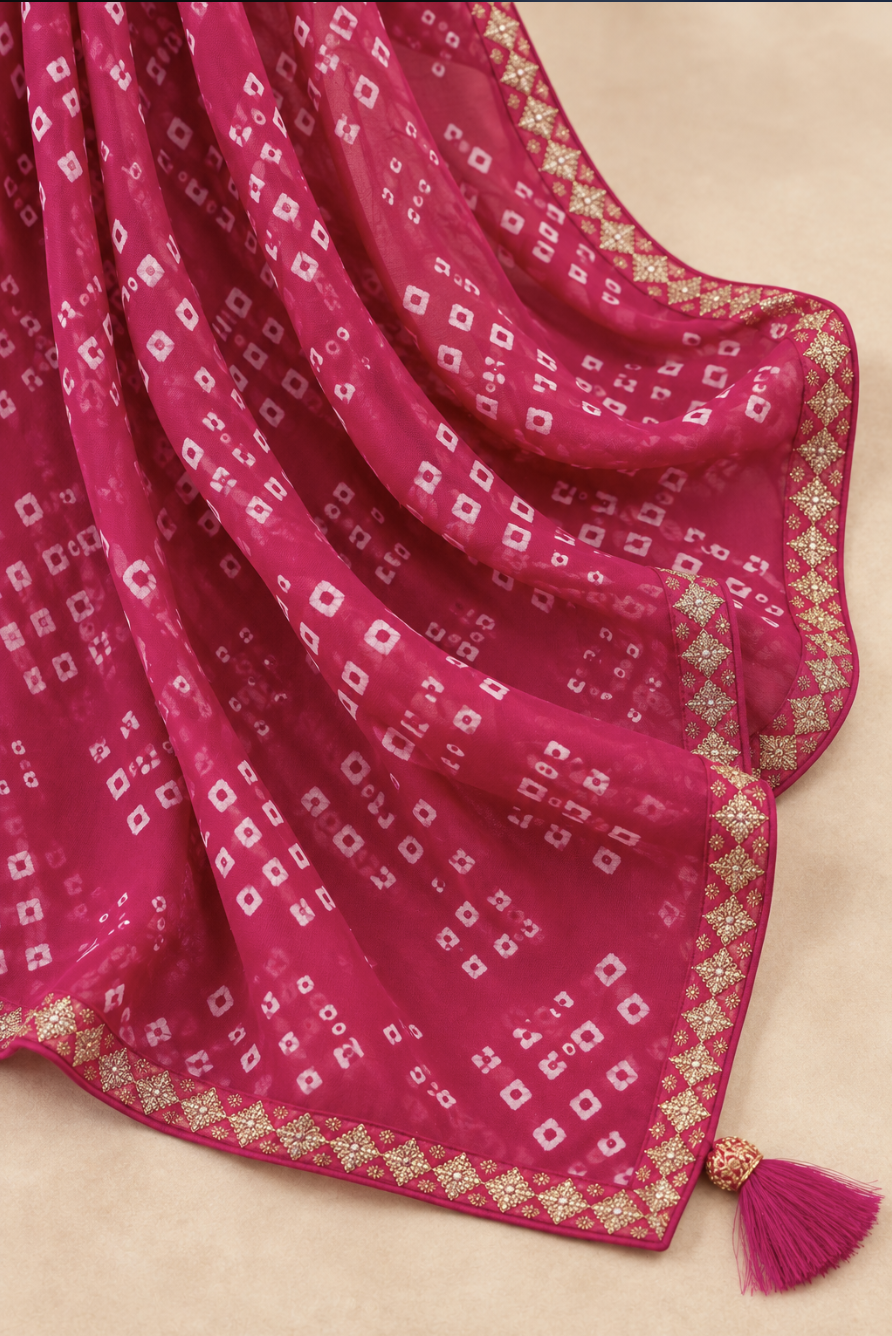 Close-up of the pallu showing the white bandhani tie-dye motifs, narrow gold embroidered lace border and magenta tassel