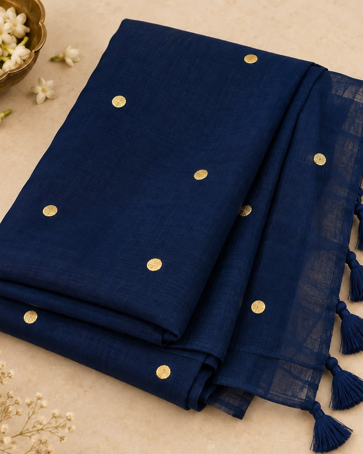 Navy blue crushed cotton saree folded with blouse piece