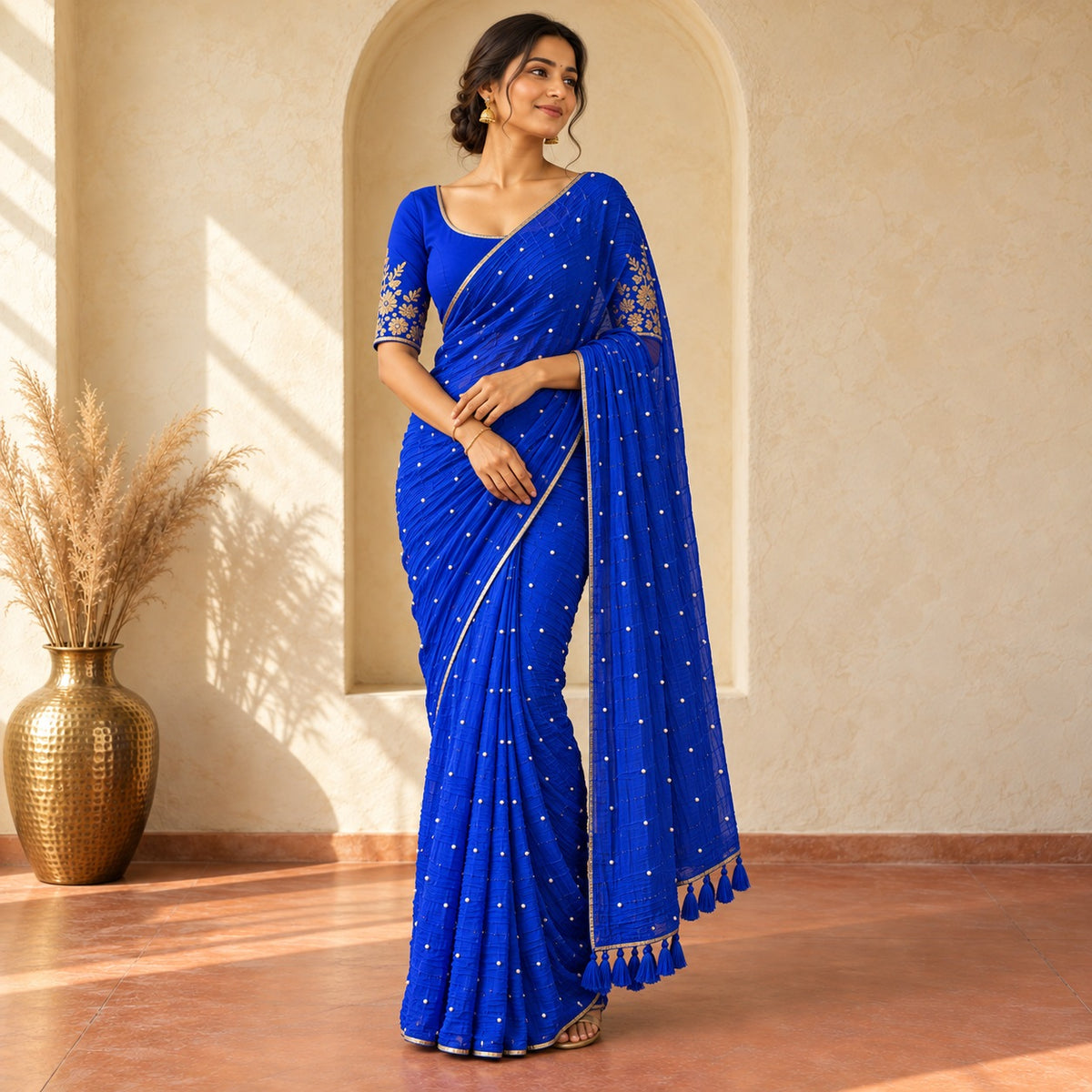 Model wearing the royal blue crushed chiffon saree with pearl beadwork and tasselled pallu end