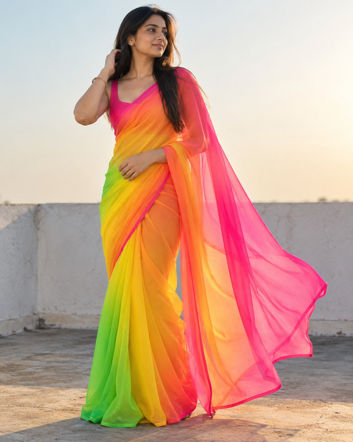 Model wearing the multicolour rainbow ombre georgette saree on a sunlit rooftop terrace