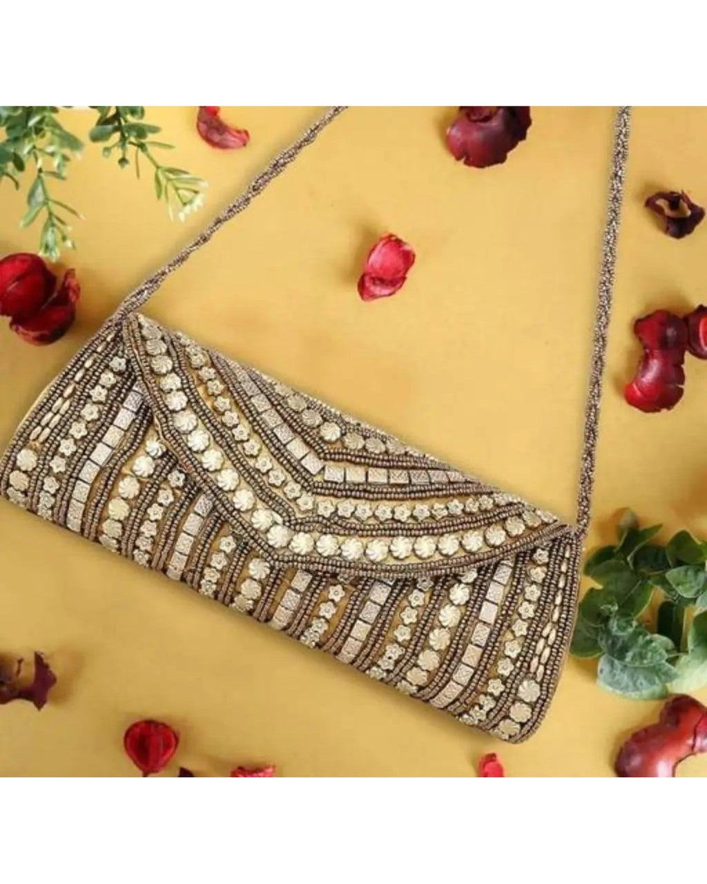 Gold embellished party clutch with pearl and bead work and chain sling