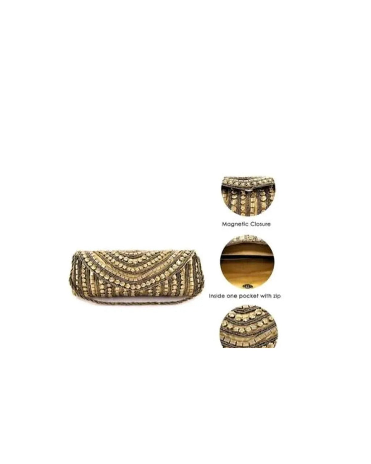 Clutch details: magnetic closure and inner zip pocket