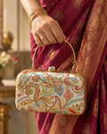 Embroidered box clutch with gold top handle, held against a silk saree