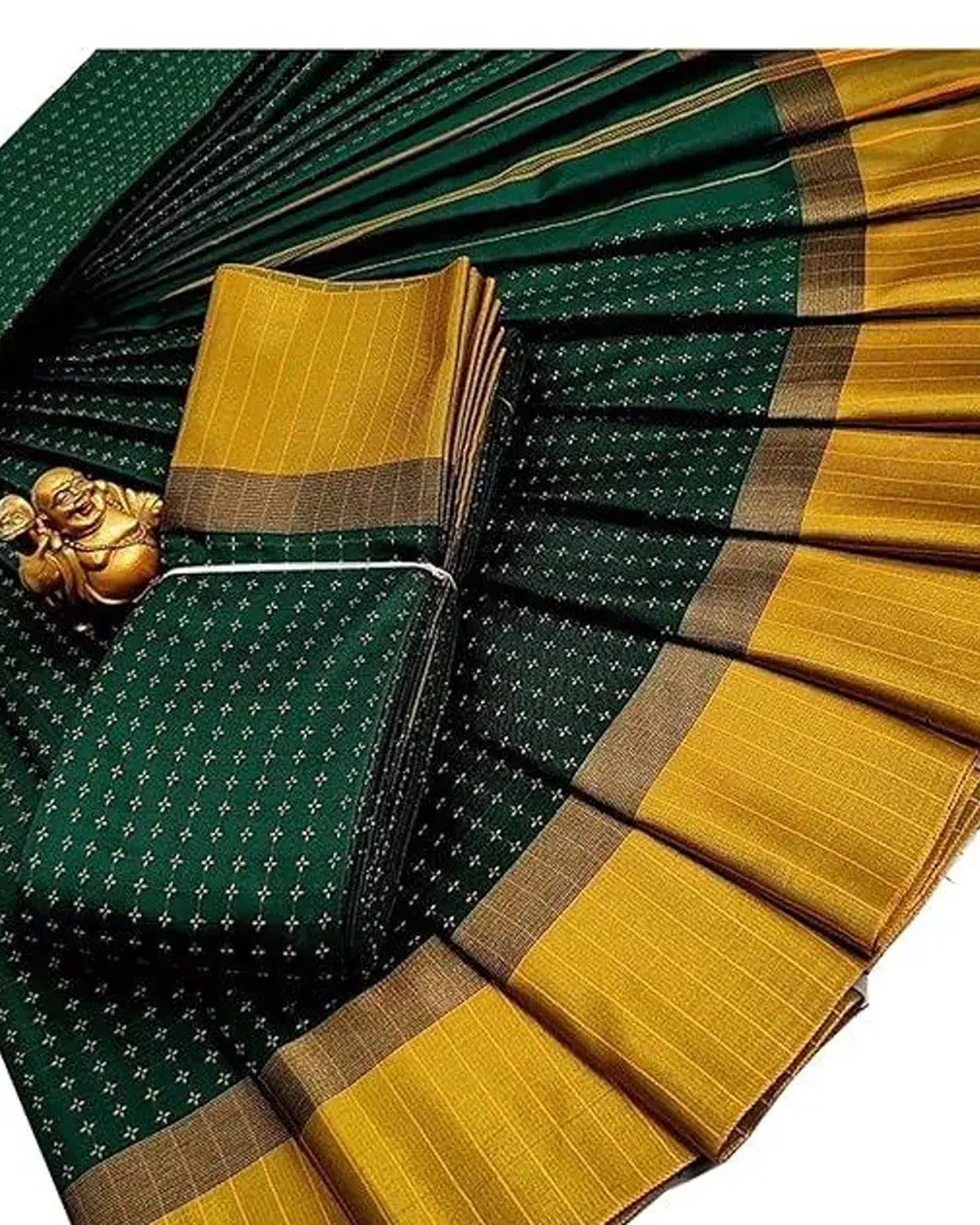 Green Banarasi silk saree with gold zari check and gold blouse piece