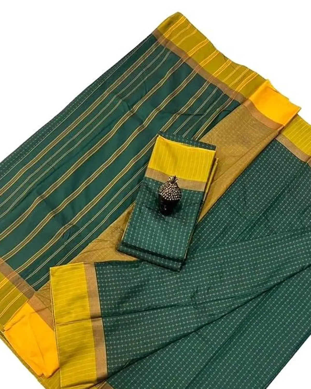 Green Banarasi saree folded with the gold zari border visible