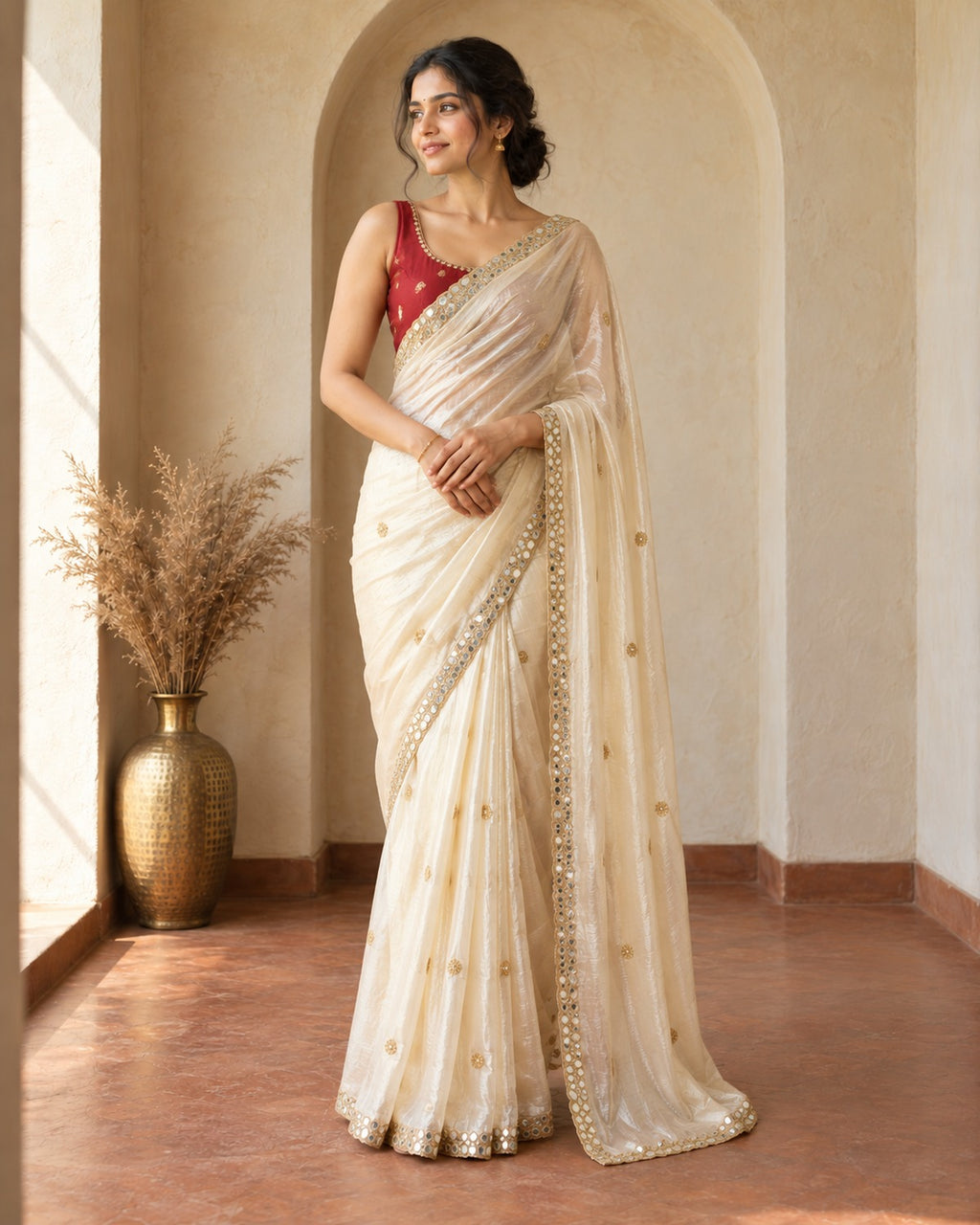 Ivory shimmer chiffon saree with gold butti motifs and mirror lace border, worn with the contrast red blouse