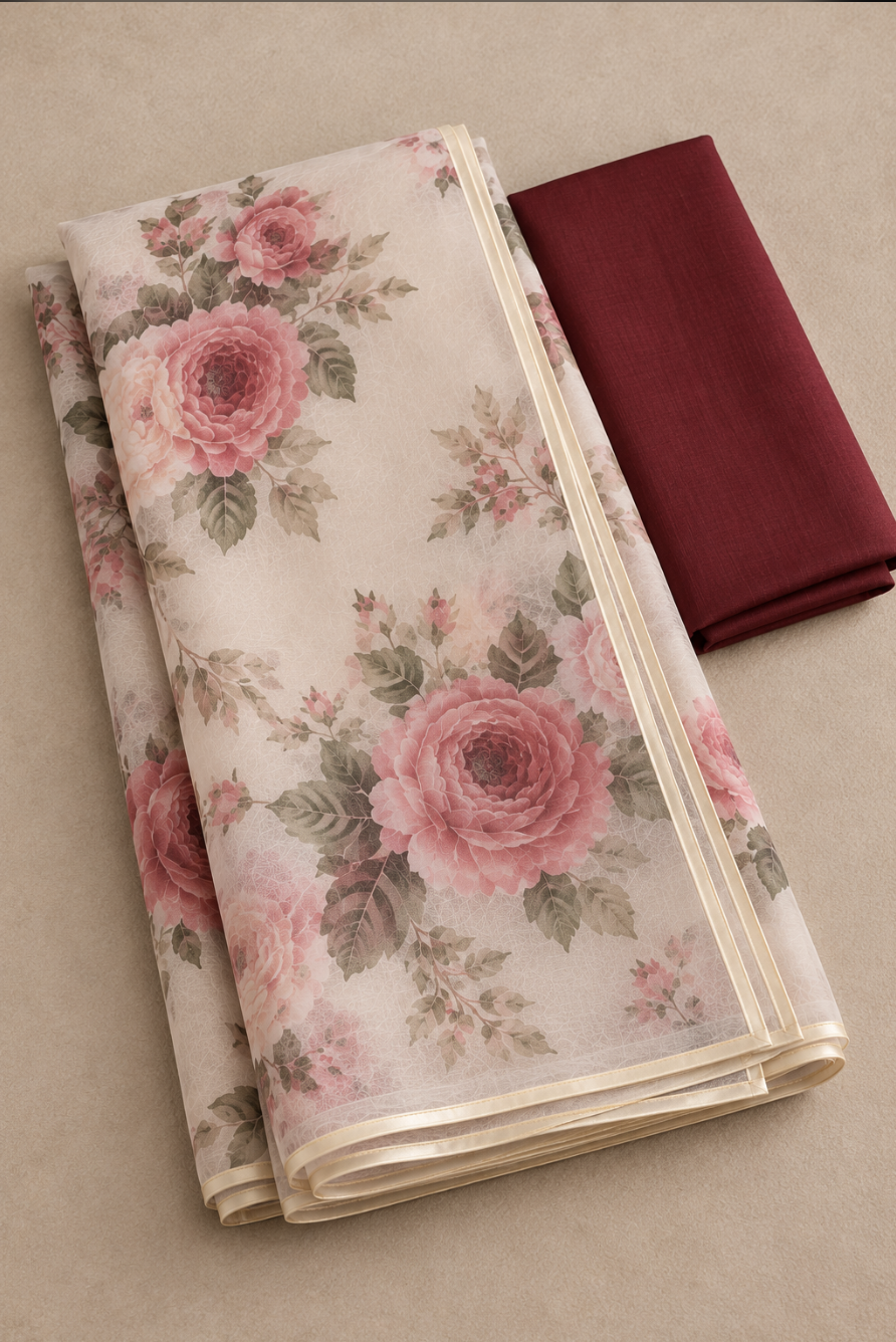 White floral printed organza saree folded flat with the deep maroon unstitched blouse piece beside it