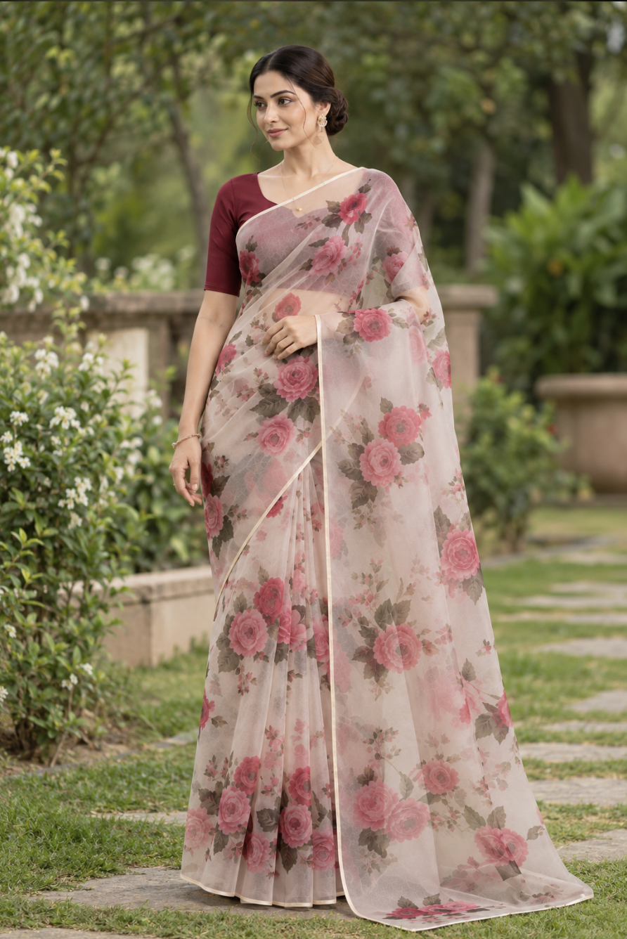 Model draped in a white floral printed organza saree with a narrow gold border and deep maroon blouse, photographed in a garden