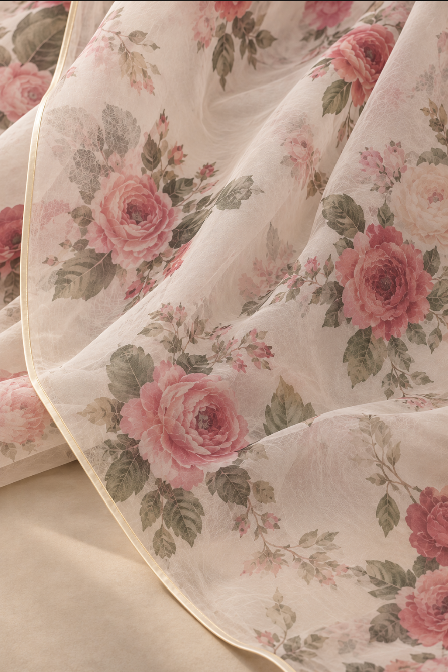 Close-up of the organza saree pallu showing the dusty rose floral print, sage green leaves and narrow pale gold piping border