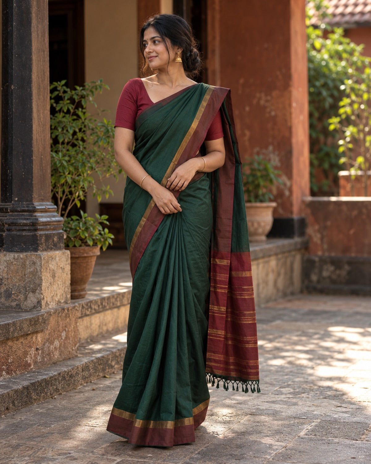 Model wearing deep green Mysore soft silk saree with maroon and gold border in an open courtyard