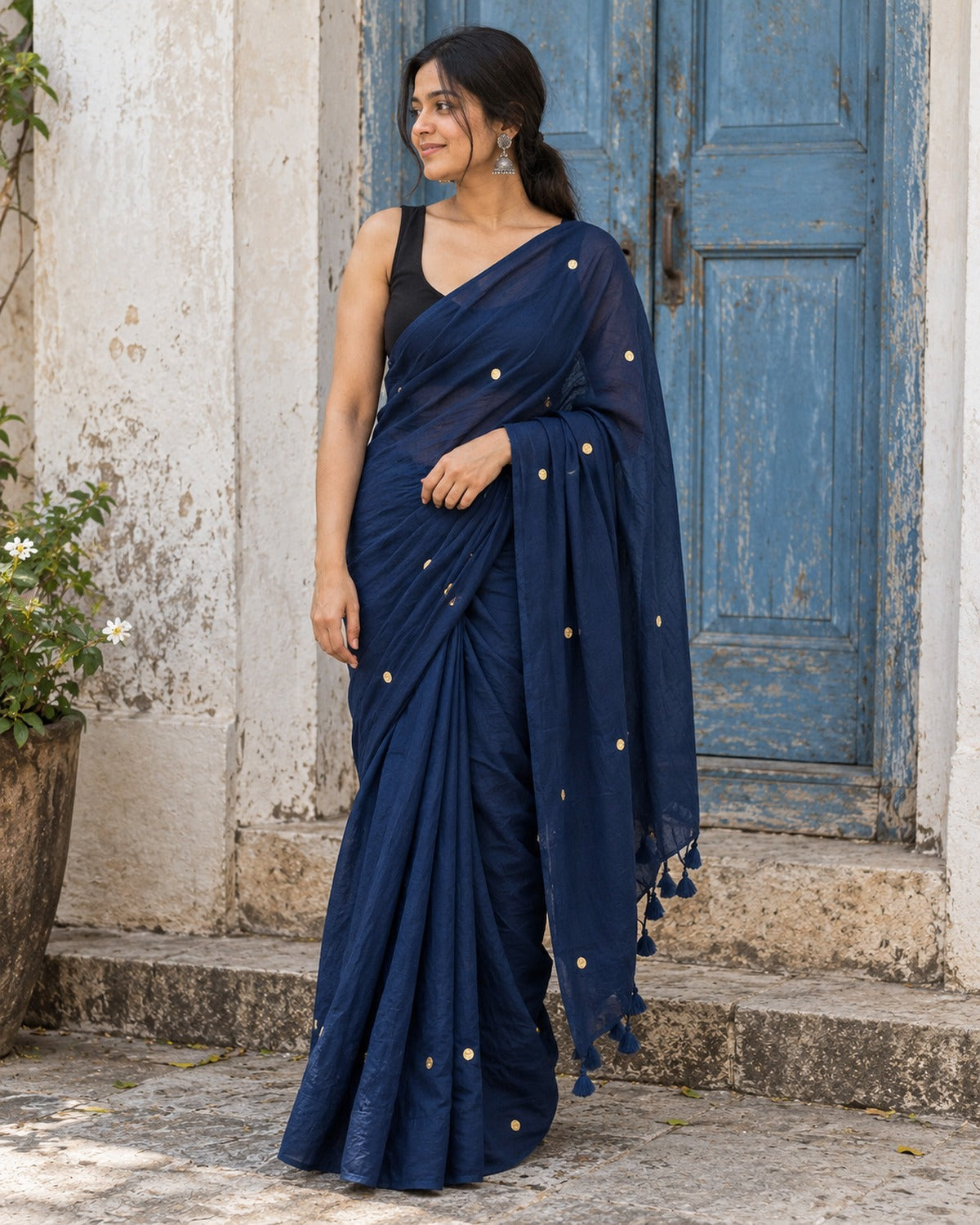 Model wearing the navy blue crushed cotton saree with tassel border beside a weathered blue door
