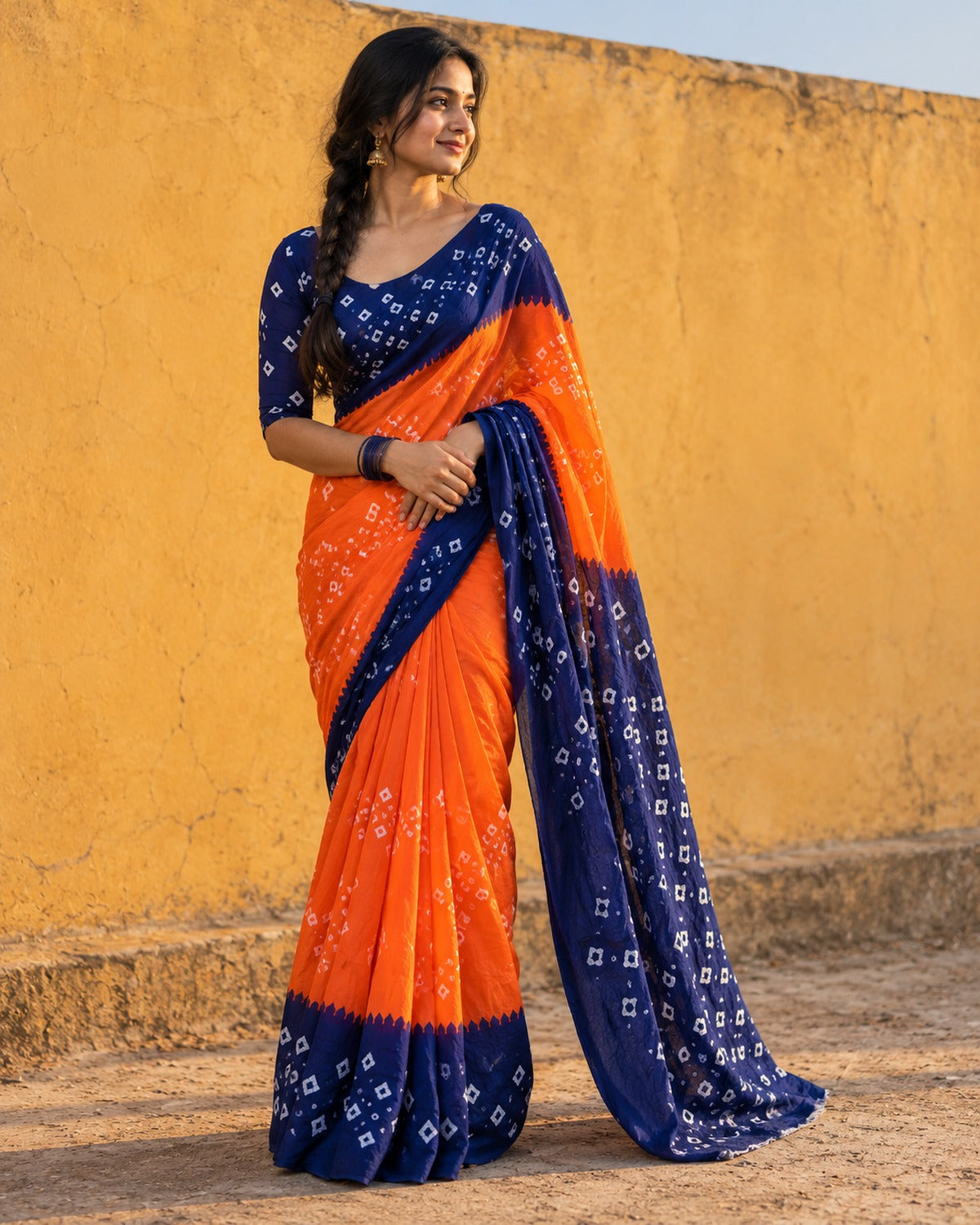 Model wearing the orange and navy bandhani saree with navy blouse in warm evening light