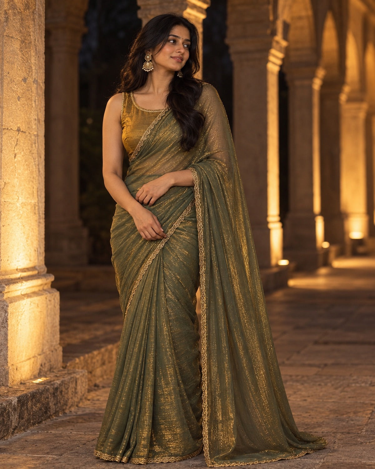 Model wearing the olive green twill net saree with gold shimmer under lit stone arches