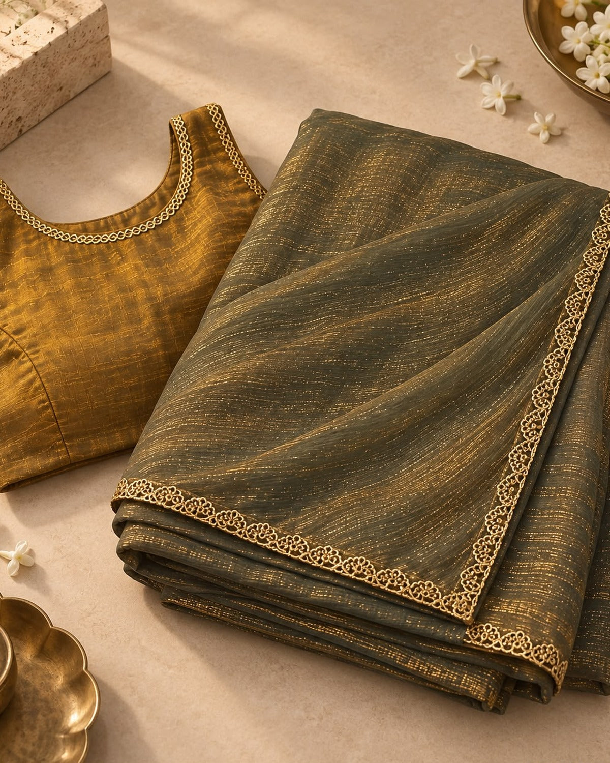 Olive green twill net saree folded with blouse piece