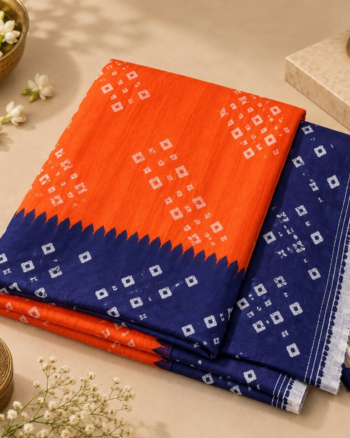 Orange bandhani saree with navy blouse piece, folded