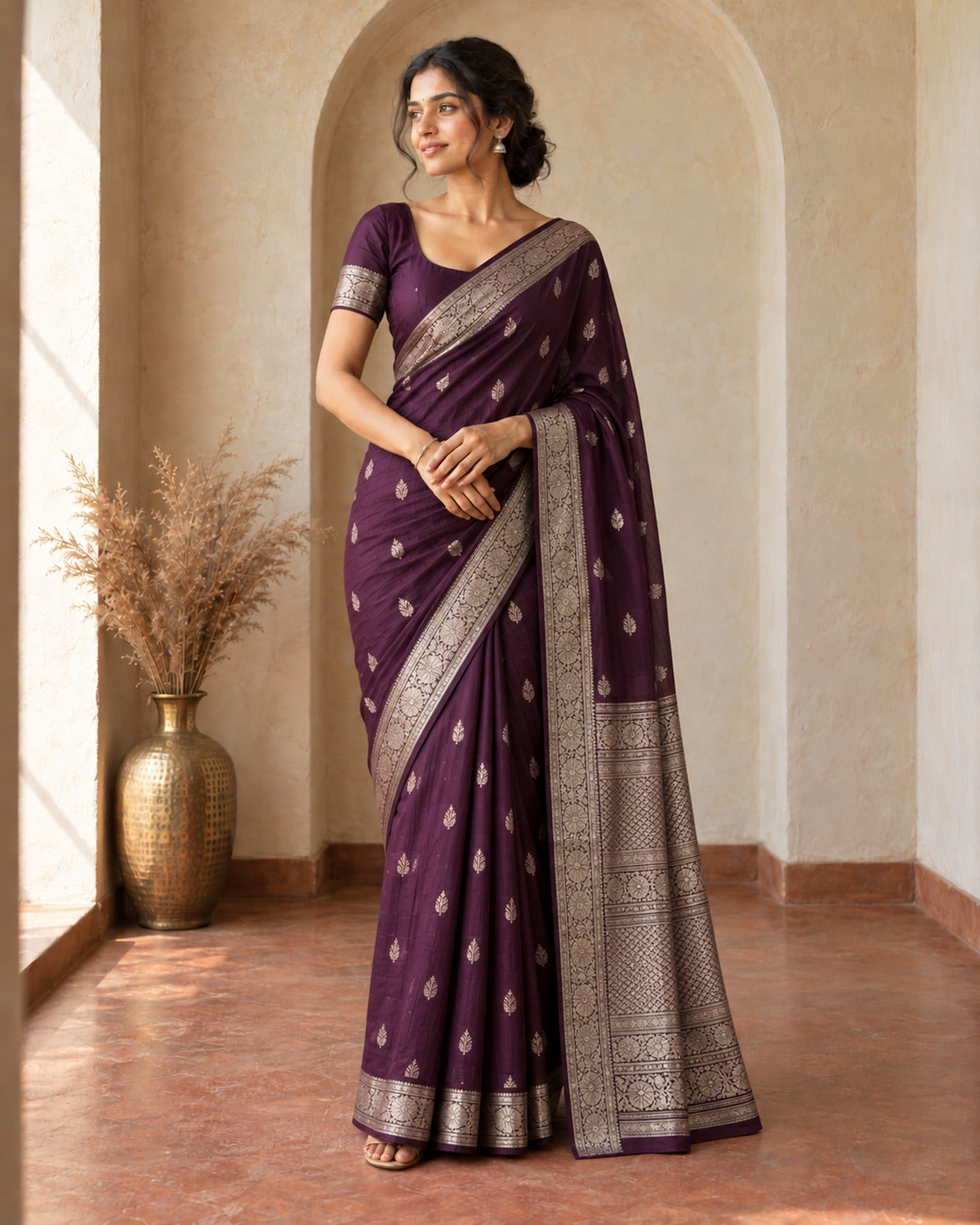 Dark purple Paithani cotton silk saree with silver zari butis and broad silver border, worn