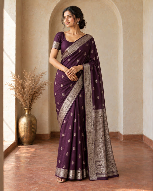 Dark purple Paithani cotton silk saree with silver zari butis and broad silver border, worn