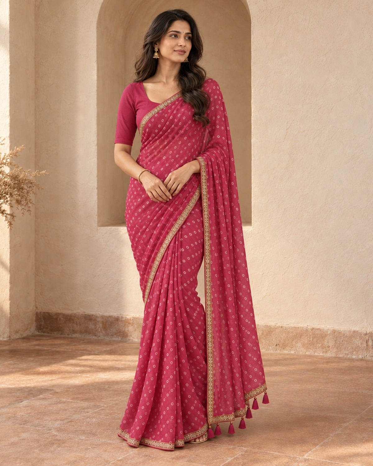 Pink georgette bandhani saree with lace border, worn