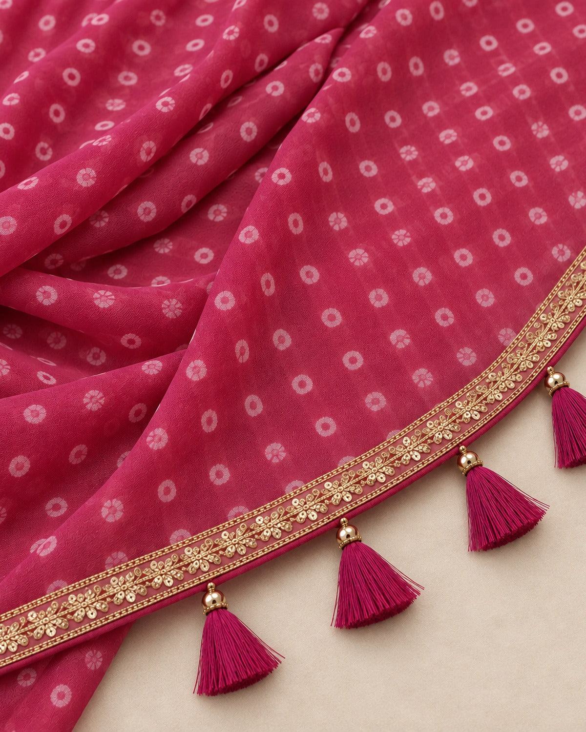 Pink bandhani pallu and lace border detail
