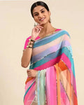 Pink multicolor digital print georgette saree draped on model