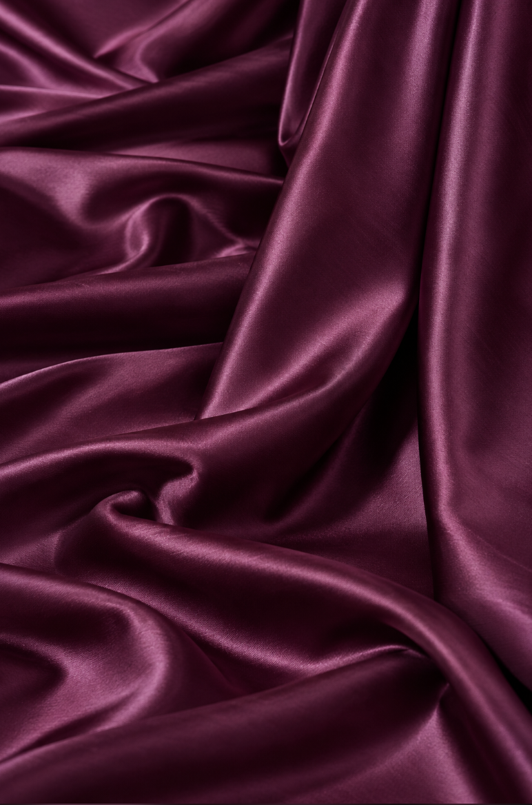 Close-up of the plum satin silk fabric showing its liquid sheen and soft glossy folds