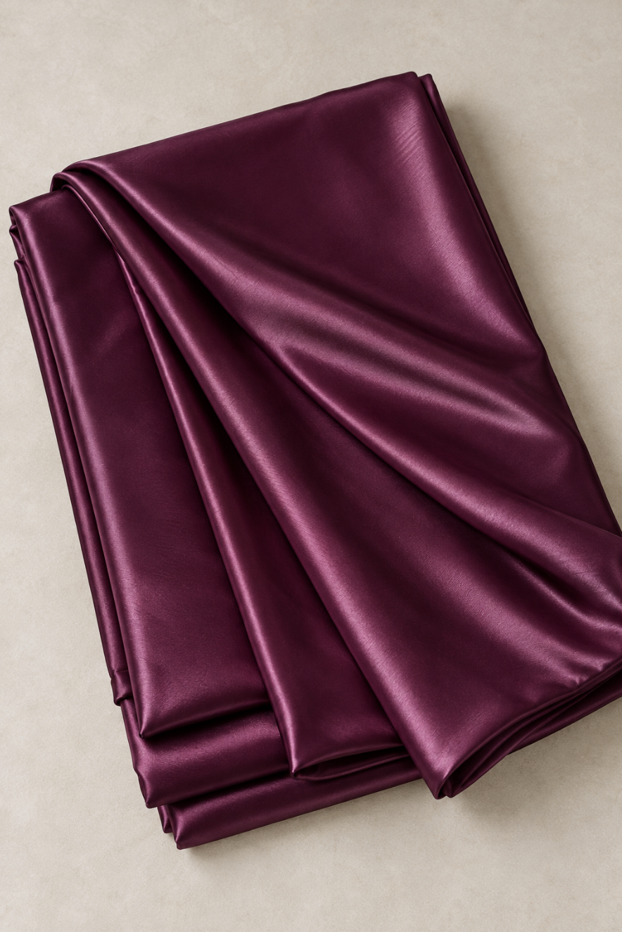 Deep plum satin silk saree folded flat on a neutral surface, sold without a blouse piece