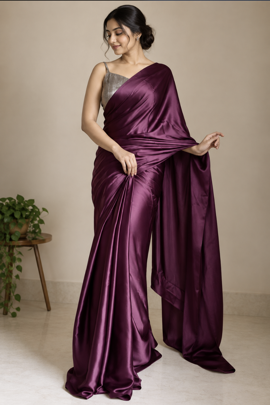 Model draped in a plain deep plum satin silk saree with a glossy sheen, styled with a silver shimmer blouse