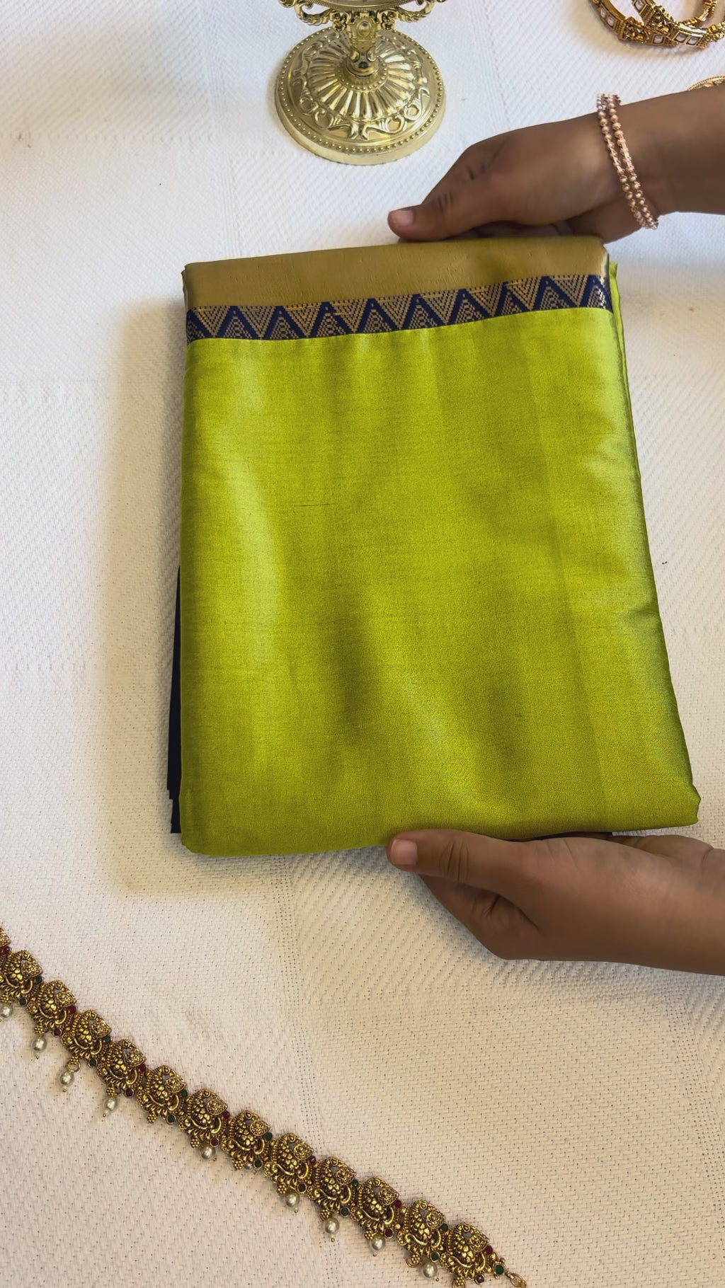 Lime Green & Navy Blue Cotton Silk Saree with Elephant Motif