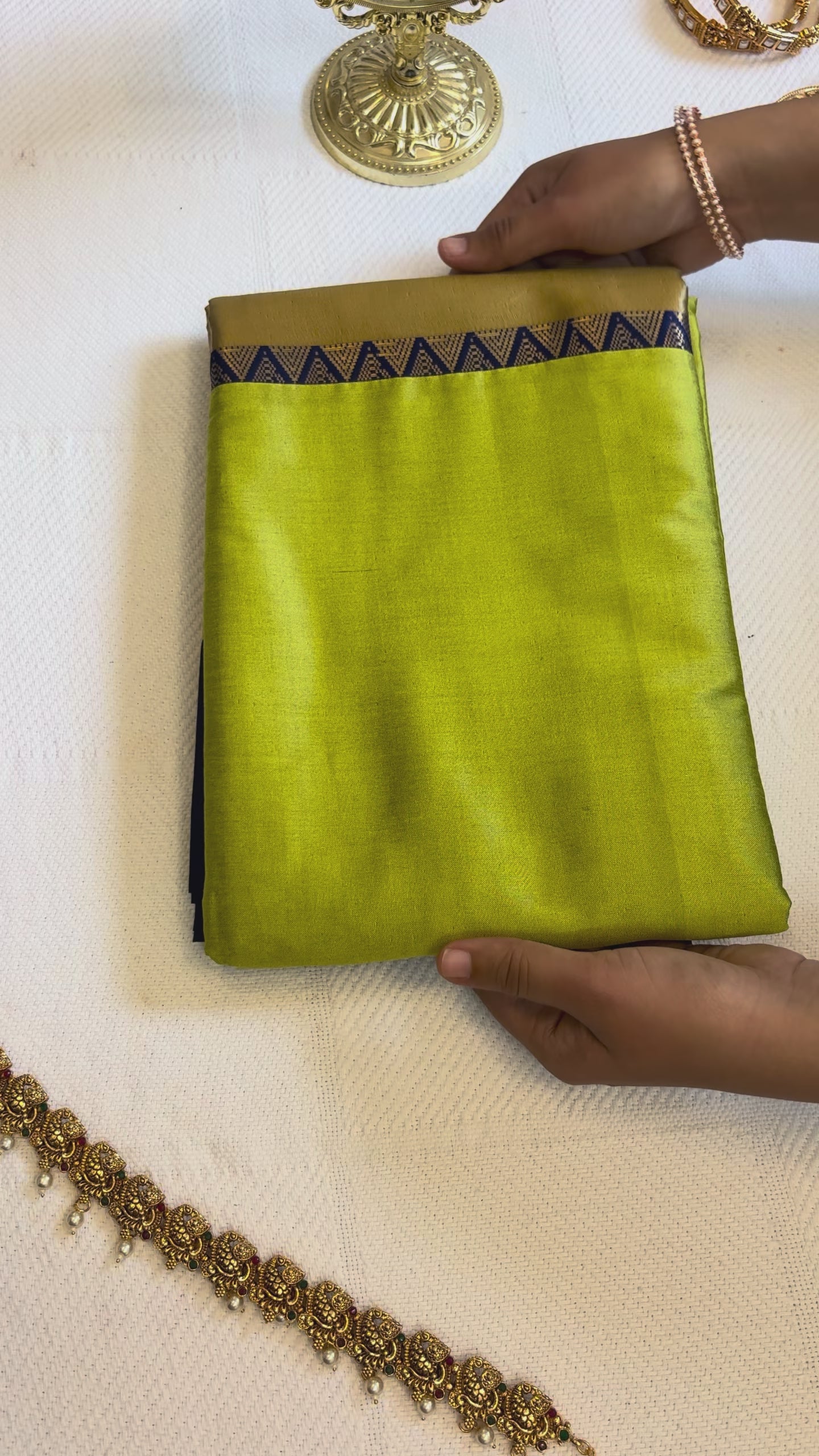 Lime Green & Navy Blue Cotton Silk Saree with Elephant Motif