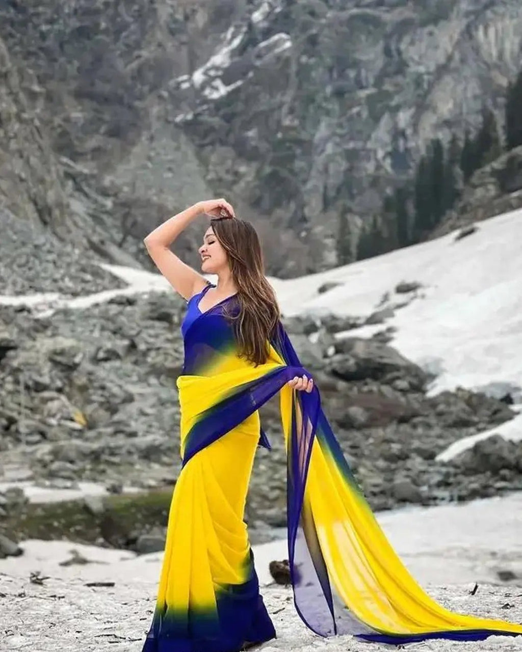 Full length view of the royal blue and yellow two-tone saree